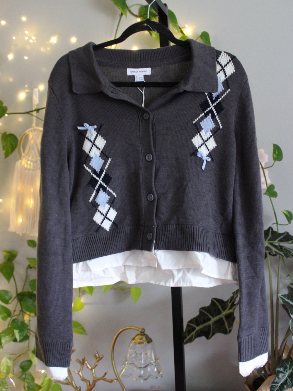 Urban Revivo Argyle Bow Layered Collared Cardigan Gray Size XL